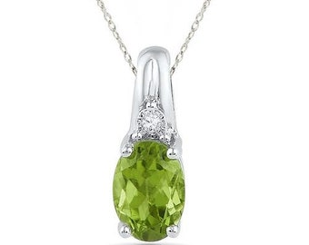 Peridot & Diamond Pendant, 10K White Gold Small Green Gemstone Pendant, August Birthstone, 1/2 Inch Drop
