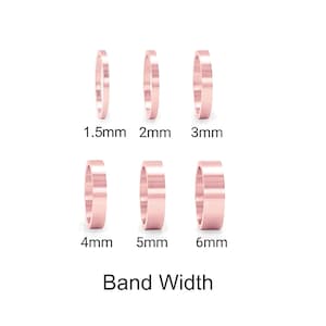 Op de afbeelding: Zes banden van ros&eacute;goud in verschillende breedtes, vari&euml;rend van 1,5 mm tot 6 mm. De banden zijn gerangschikt in twee rijen van drie, met de breedte eronder aangegeven. De tekst "Bandbreedte" staat gecentreerd onder de banden.