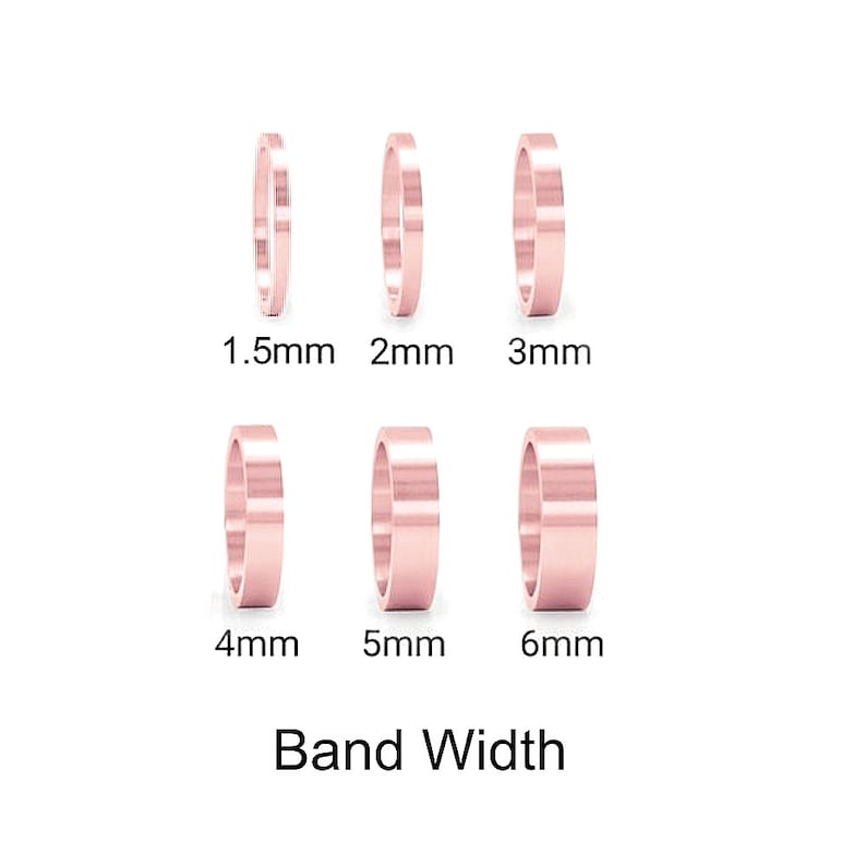 Op de afbeelding: Zes banden van ros&eacute;goud in verschillende breedtes, vari&euml;rend van 1,5 mm tot 6 mm. De banden zijn gerangschikt in twee rijen van drie, met de breedte eronder aangegeven. De tekst "Bandbreedte" staat gecentreerd onder de banden.
