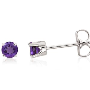 14K Amethyst Stud Earrings, 14K White Gold Genuine Purple Amethyst Gemstone Studs 3mm Round, February Birthstone, Gift for Her