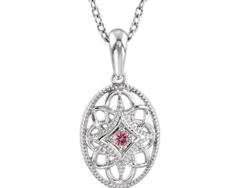 Sterling Silver Sapphire Necklace, .925 Genuine Pink Sapphire Solitaire Oval Pendant with 18" Cable Chain, September Birthstone, Gift