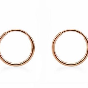 14K Rose Gold Endless Hoop Earrings, Plain Round Hoops 1mm Wide, 10mm, 12mm, 15mm or 20mm Minimalist Narrow Earrings, Second Piercings