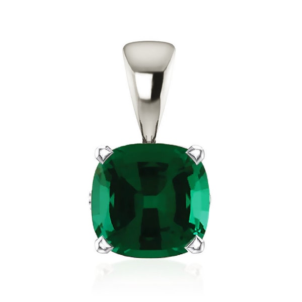 Emerald Pendant, 14K or 10K White Gold Quality Lab Green Emerald Gemstone Pendant 6 x 6mm Cushion Cut, May Birthstone