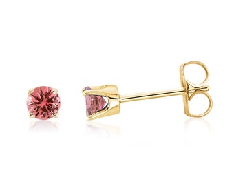 14K Yellow Gold Tourmaline Earrings, Genuine Pink Tourmaline Gemstone Studs 3mm Round, October Birthstone, Second Piercings