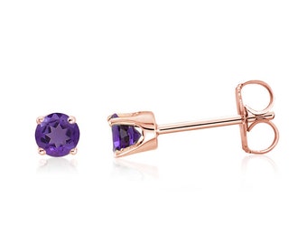 14K Rose Gold Purple Amethyst Earrings, Genuine Amethyst Gemstone Studs 3mm Round, February Birthstone, Gift for Her