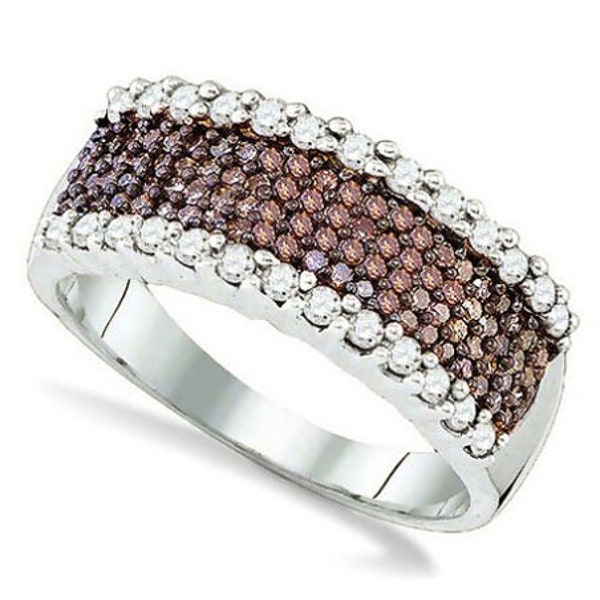 925 Sterling Silver Diamond Ring, Chocolate Brown & White Diamond Wide Band .75ct, Ring Size 6, 7, 8, 9 or 10, Gift for Her