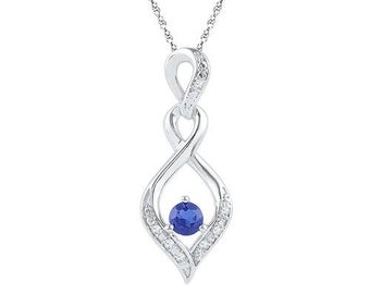 Blue Sapphire Pendant, 10K White Gold or Yellow Gold Sapphire Gemstone & Diamond Accent Pendant, 7/8 Inch Drop, September Birthstone