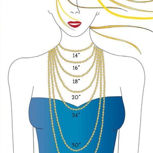 Puede incluir: Diagrama que muestra diferentes longitudes de collar en el cuello de una mujer. Las longitudes son 14 pulgadas, 16 pulgadas, 18 pulgadas, 20 pulgadas, 24 pulgadas, 30 pulgadas y 36 pulgadas.