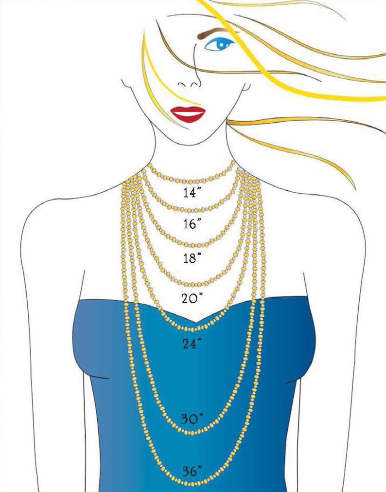 May include: Illustration of a woman wearing multiple gold necklaces of varying lengths. The necklaces are labeled with measurements: 14", 16", 18", 20", 24", 30", and 36". The woman is wearing a blue strapless top.