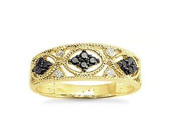 Black Diamond Cluster Ring, Vintage Style 10K Gold Band, Size 7