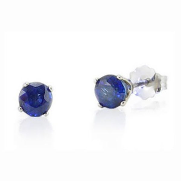 14K White Gold Blue Sapphire Stud Earrings, Genuine 4mm Round Sapphire Studs, September Birthstone, Screw Backs Optional