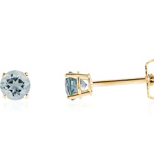 Clous d'oreilles avec pierres précieuses aigue-marine, or jaune 14 carats, or blanc ou or rose aigue-marine bleue, ronds 3,5 mm, 4 mm ou 5 mm, pierre de naissance de mars