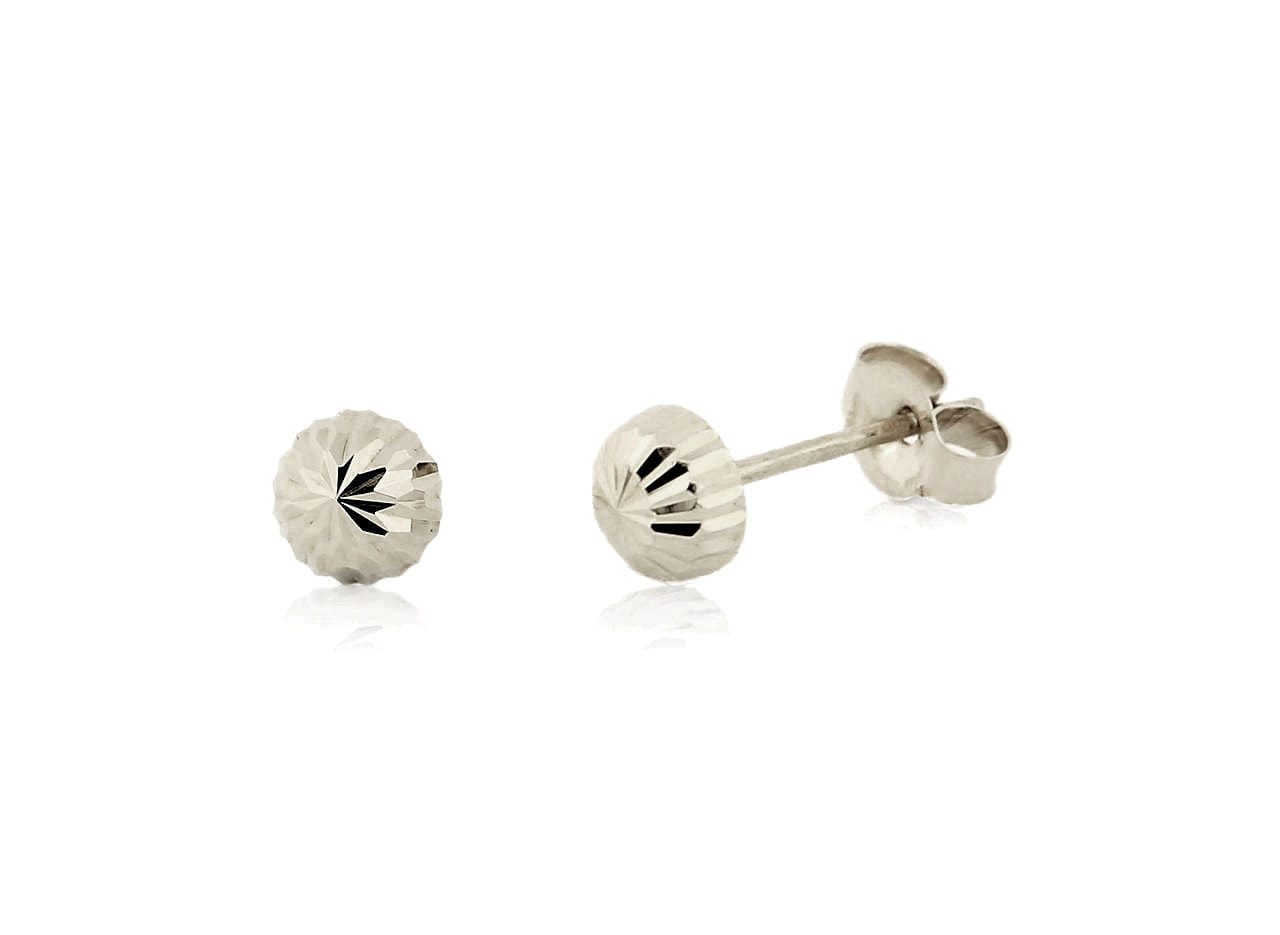 10K White Gold Stud Earrings, Diamond Cut Flat Back Ball Studs 4mm