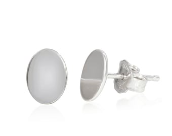 Sterling Silver Oval Earrings, 925 Minimalist Stud Earrings, 8mm Polished Oval Studs, Flat Stamped Girl's Earrings, Geometric Jewelry