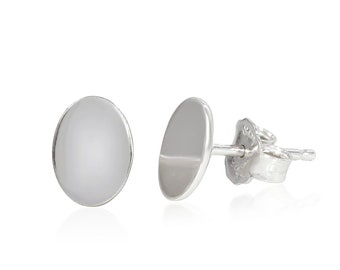 Sterling Silver Oval Stud Earrings, Minimalist Polished 8mm Geometric Jewelry