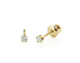 Baby Diamond Stud Earrings, 14K Yellow Gold Genuine White Diamond Stud Earrings for Babies or Kids - Screw Back Earrings - Gift for Girls