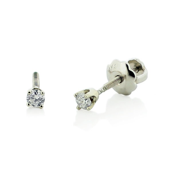 Boucles d'oreilles diamant pour bébé, Puces d'oreilles en or blanc 14 carats et diamants blancs pour bébés ou enfants, Boucles d'oreilles vissées, Cadeau pour fille, Deuxième piercing