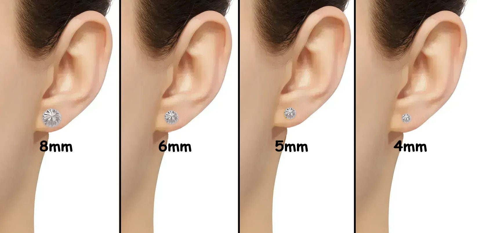 10K White Gold Stud Earrings, Diamond Cut Flat Back Ball Studs 4mm