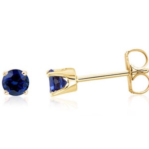 14K Blue Sapphire Earrings, 14K Yellow Gold Genuine Blue Diamond Cut Sapphire Gemstone Stud Earrings 3mm Round, September Birthstone