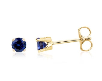14K Blue Sapphire Earrings, 14K Yellow Gold Genuine Blue Diamond Cut Sapphire Gemstone Stud Earrings 3mm Round, September Birthstone
