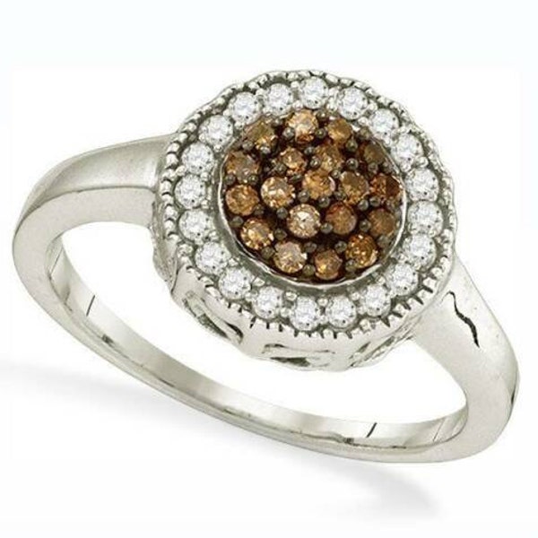 925 Sterling Silver Diamond Ring, Chocolate Brown & White Diamond Round Halo Cluster Ring .33ct, Ring Size 5, 6, 7, 8, 9 or 10 Gift for Her