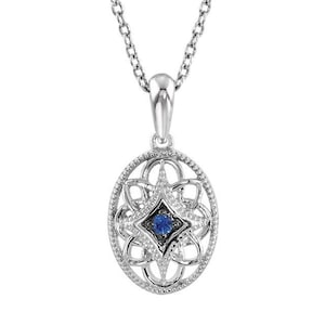 Sterling Silver Sapphire Pendant, Vintage Filigree, September Birthstone