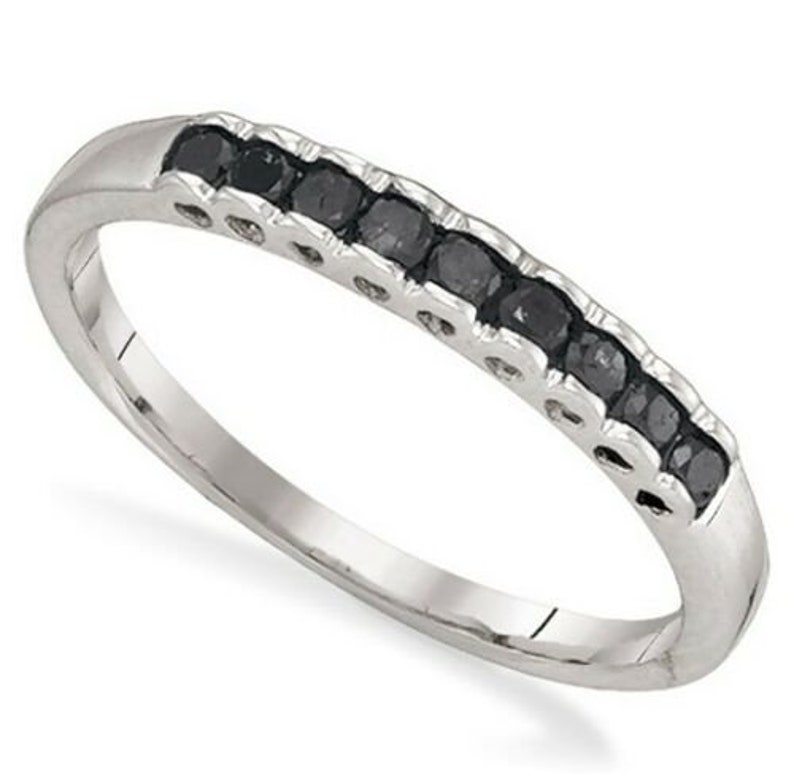 10K White Gold Black Diamond Scalloped Ring .25ct 8 or 9 Stacking Ring Size 6 Black Diamond Band 7 Gift for Her