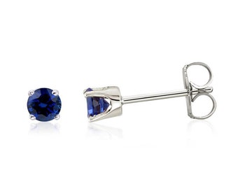 14K Sapphire Earrings, 14K White Gold Genuine Blue Diamond Cut Sapphire Gemstone Studs 3mm Round, September Birthstone