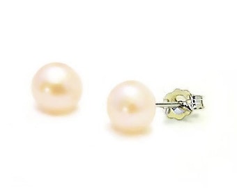 Sterling Silver Pearl Earrings, 925 Pale Pink Genuine Freshwater Pearl Studs 6.25mm or 7mm Size Button Shape, Small Classic Pearls