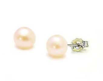 Sterling Silver Pale Pink Pearl Stud Earrings, 6mm or 7mm