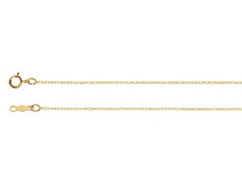 May include: A delicate gold-colored chain necklace with a lobster clasp closure. The chain is thin and appears to be made of small, interconnected links. The necklace is displayed against a white background, highlighting its simple elegance.