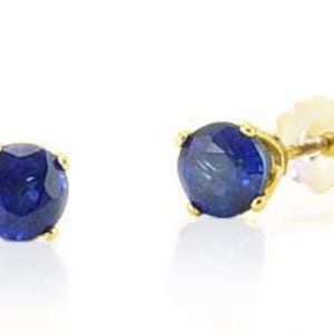14K Yellow Gold Blue Sapphire Stud Earrings, Genuine 4mm Round Sapphire Studs, September Birthstone, Screw Backs Optional