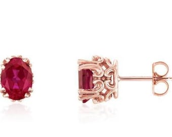Ruby Stud Earrings, 14K Rose Gold, Yellow Gold or White Gold Red Ruby Gemstone Studs 7 x 5 Oval Scroll Detail Settings, July Birthstone