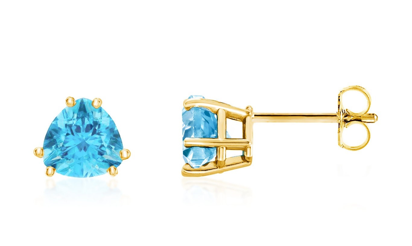 Schweizer Blautopas Trillion Ohrringe, 14K Roségold, Weißgold oder Gelbgold Hellblauer Topas Edelstein Ohrstecker 6mm, Dezember Geburtsstein