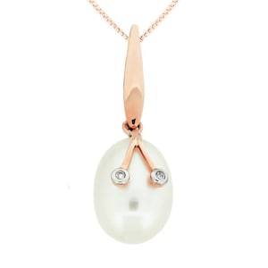 14K Rose Gold Pearl Pendant, Freshwater White Pearl Drop Pendant with Diamond Bezel Set Accents, Wedding Jewelry, Gift for Her