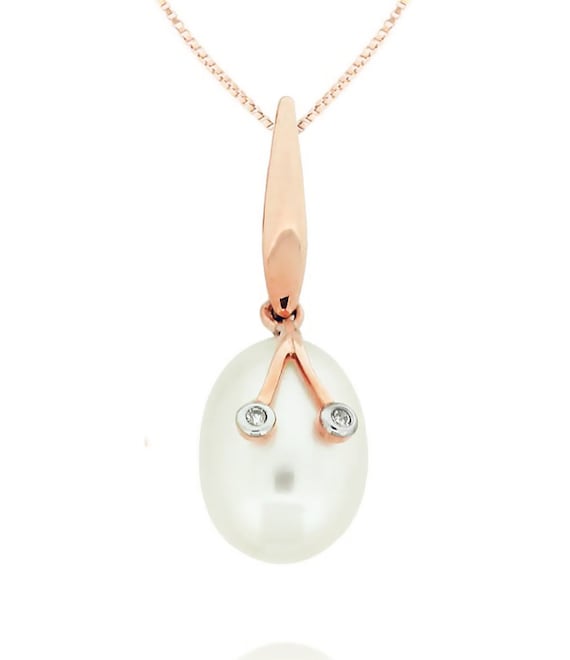 14K Rose Gold Pearl Pendant, Freshwater White Pearl Drop Pendant