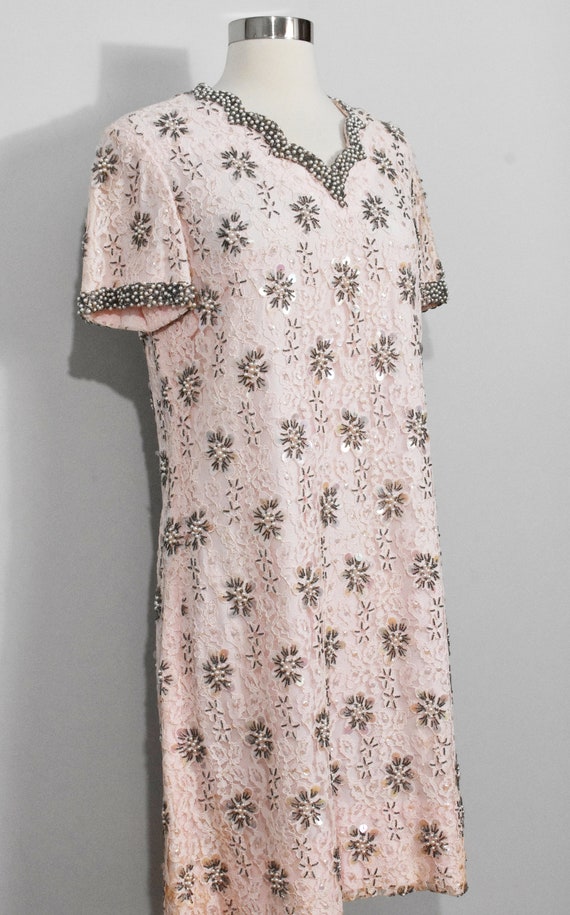 Andora Pink Lace Sequins & Beads 60s Dress - image 6