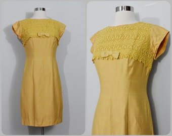 Mustard Yellow 60s Wiggle Dress with Lace Bodice