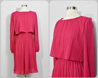 Hot pink Chiffon Pleated 70s Dress