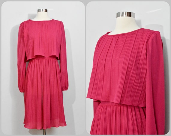 Hot pink Chiffon Pleated 70s Dress - image 1