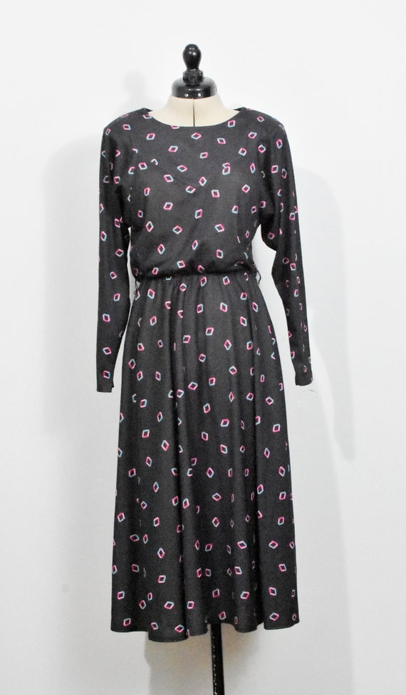 Lerner! Geometric Print Black 80s Dress - image 2