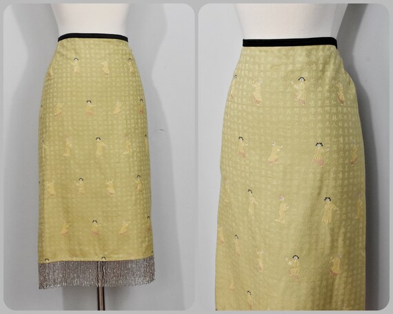 William B Asian Print Beaded Fringe Skirt