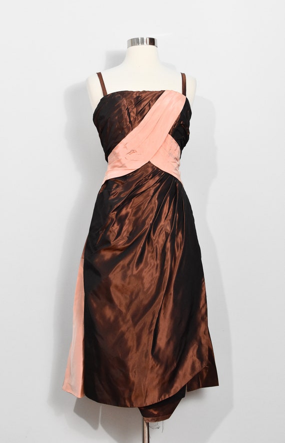 Brown/Peach Taffeta 50s/60s Dress - image 2