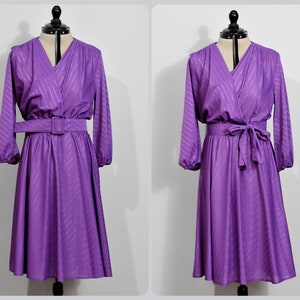 Purple Striped Faux Wrap 70s Dress