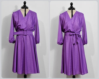 Purple Striped Faux Wrap 70s Dress