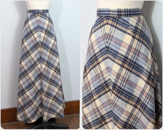 Blue/Purple/Tan Chevron Plaid 70s Maxi Skirt - image 1