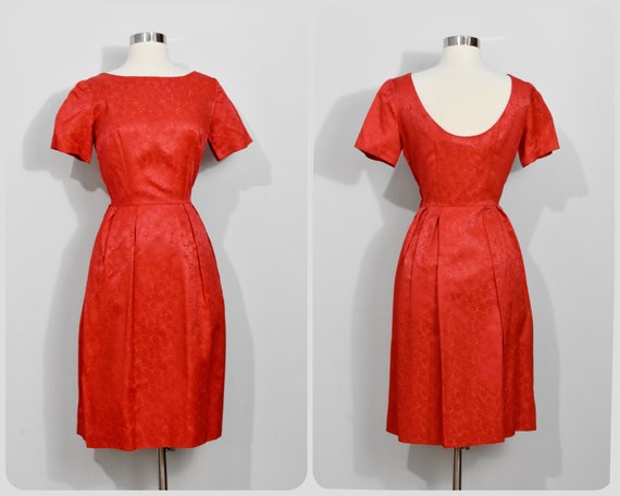 Red Jacquard 60s Dress