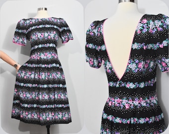 Lanz 80s Low Back Black Floral Print Dress