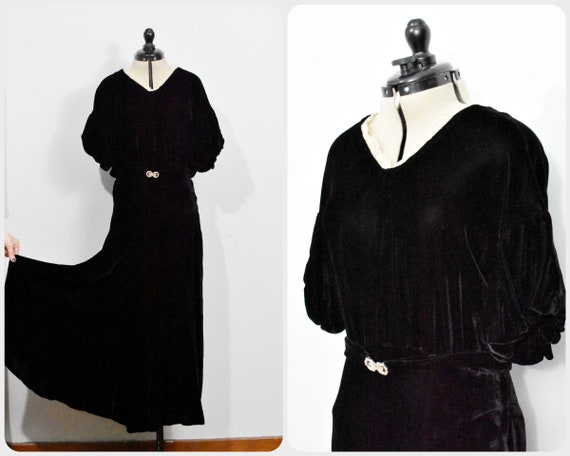 Black Silk Velvet 1930s Bias Cut Gown - Gem