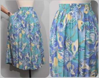 Alfred Dunner Blue/Green Seashell Print 80s Skirt